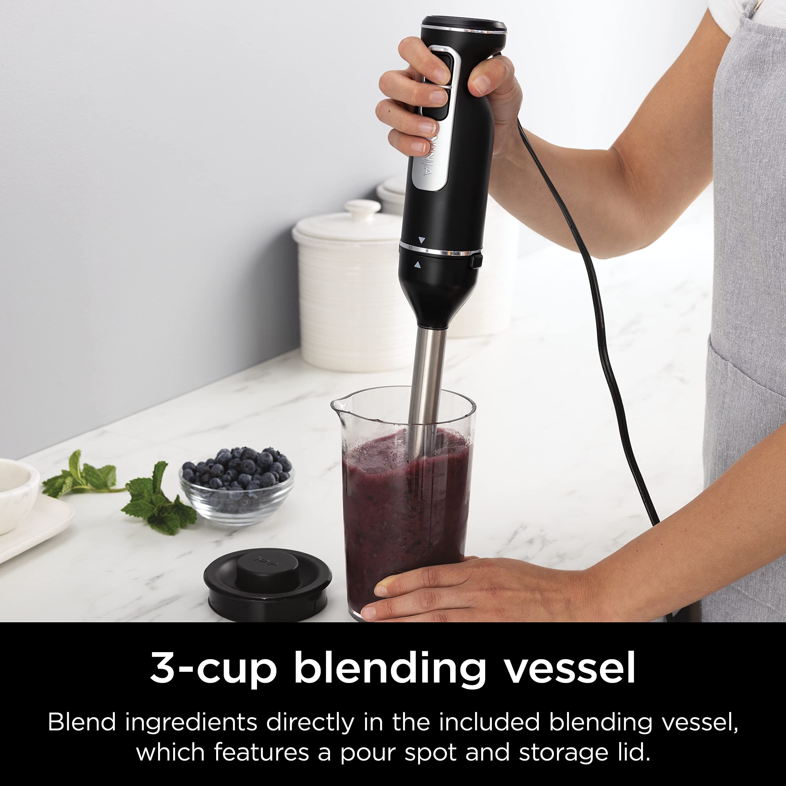 Ninja Foodi Power Mixer System - 750W Handheld Immersion Blender & Electric Hand Mixer Combo with Whisk, Beaters & 3-Cup Blending Vessel (120V, Black) - Perfect for Smoothies, Soups, Baking & Kitchen Prep