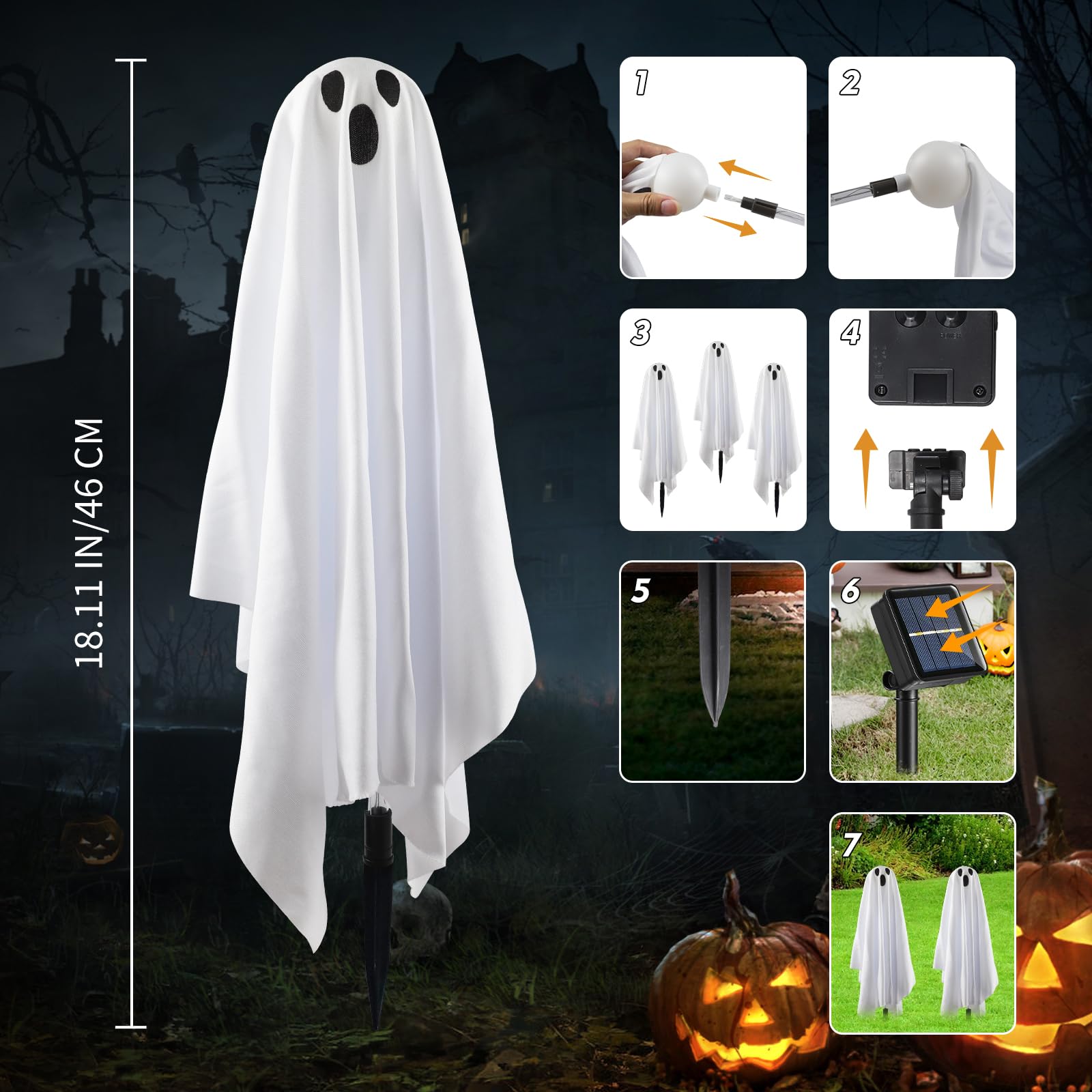 **6-Pack Halloween Solar Ghost Garden Lights - Outdoor Scary Decor for Halloween Party, Yard & Pathway - Cold White LED Solar-Powered Path Lights for Spooky Nighttime Ambiance**