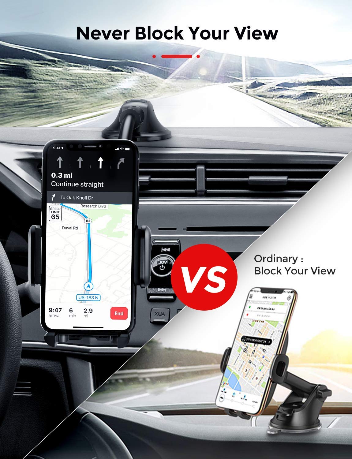 MPOW 139A Long Arm Car Phone Mount - Universal Dashboard & Windshield Phone Holder for iPhone, Samsung, GPS - Perfect for Driving, Rideshare, Delivery & Road Trips