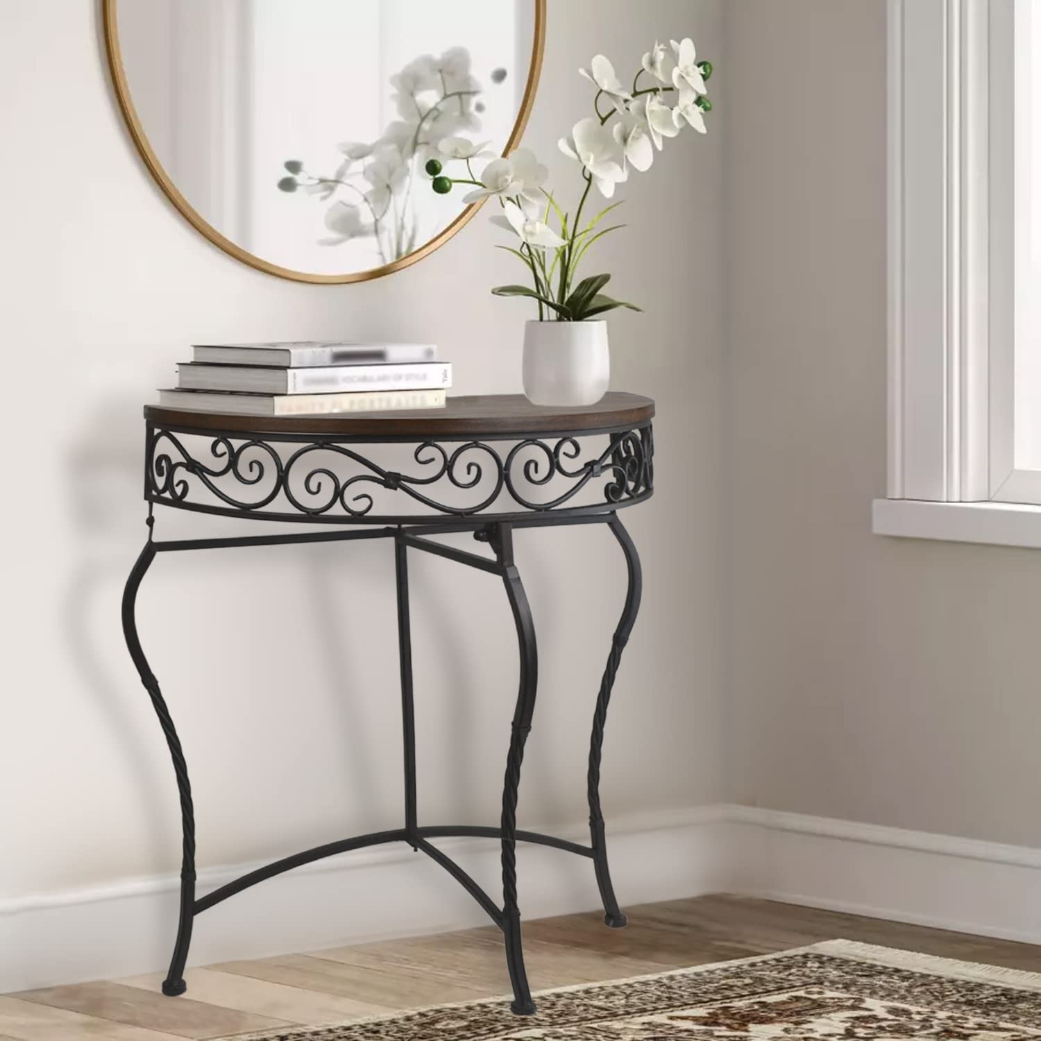 Westcharm Boston Foldable Half Moon Console Table - Black & Dark Brown Demilune Accent Table for Living Room, Entryway, Kitchen | Space-Saving Crescent Sofa Table for Small Apartments & Hallways