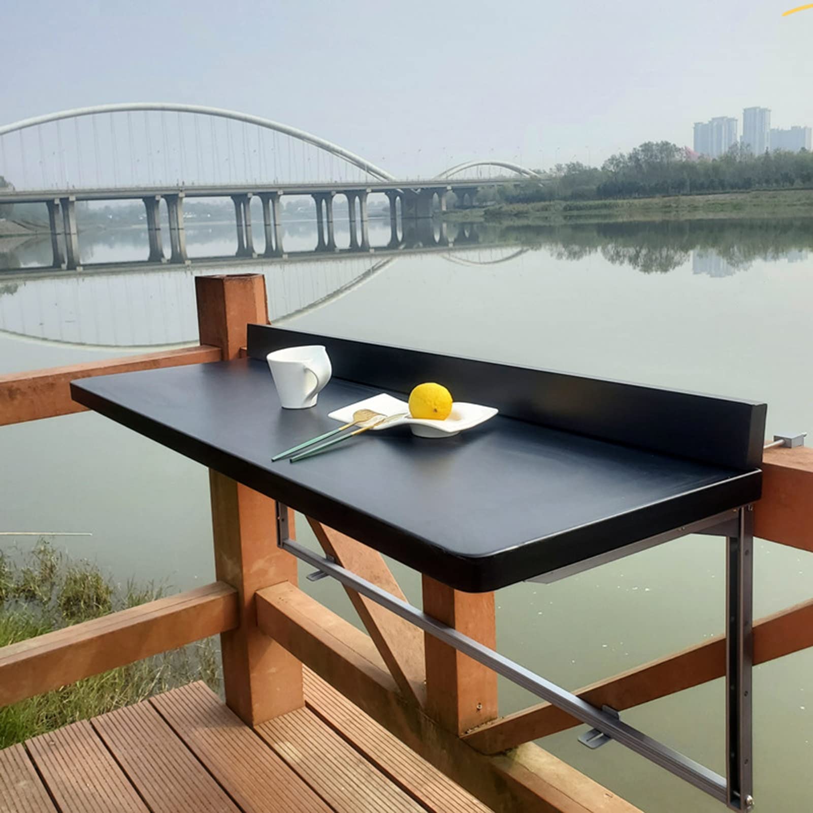 Floating Folding Aluminum Drop Leaf Desk - Balcony Hanging Table with Adjustable Bracket, Waterproof Dining Table for Home, Coffee Shop & Patio (100x40cm, Black) - Perfect for Small Spaces, Outdoor Dining & Workspaces