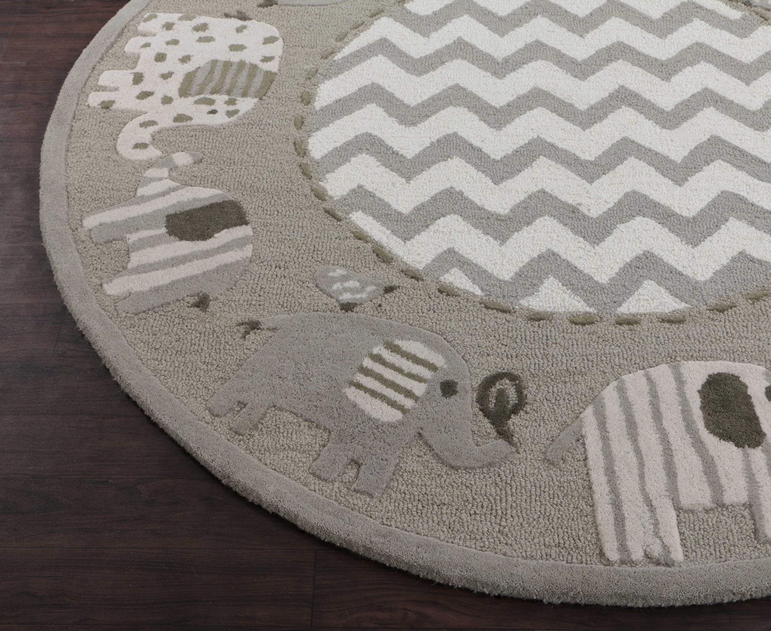 5'x5' Round Handmade Tufted Wool Rug with Ganesha Zigzag Design in Elephant Gray - Perfect for Kids' Room, Nursery, or Play Area Decor