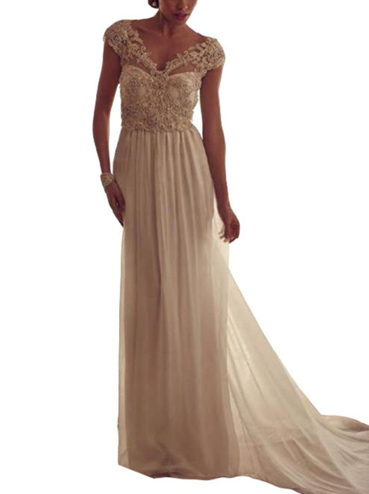 Elegant Beige V-Neck Chiffon Wedding Dress with Decals & Train - Perfect for Brides, Formal Events & Special Occasions