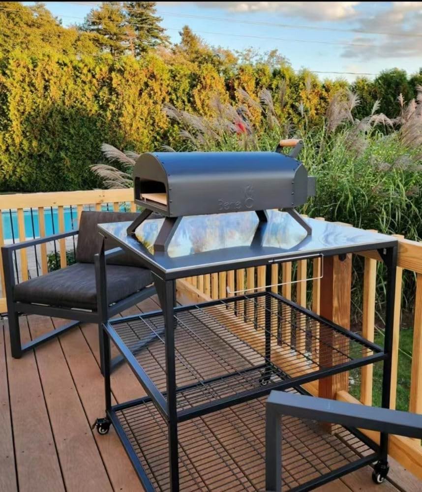 3-Tier Stainless Steel Rolling Outdoor Kitchen Cart - Heavy Duty BBQ Grill Table with Wheels for Pizza Oven, Patio Dining & Backyard Entertaining