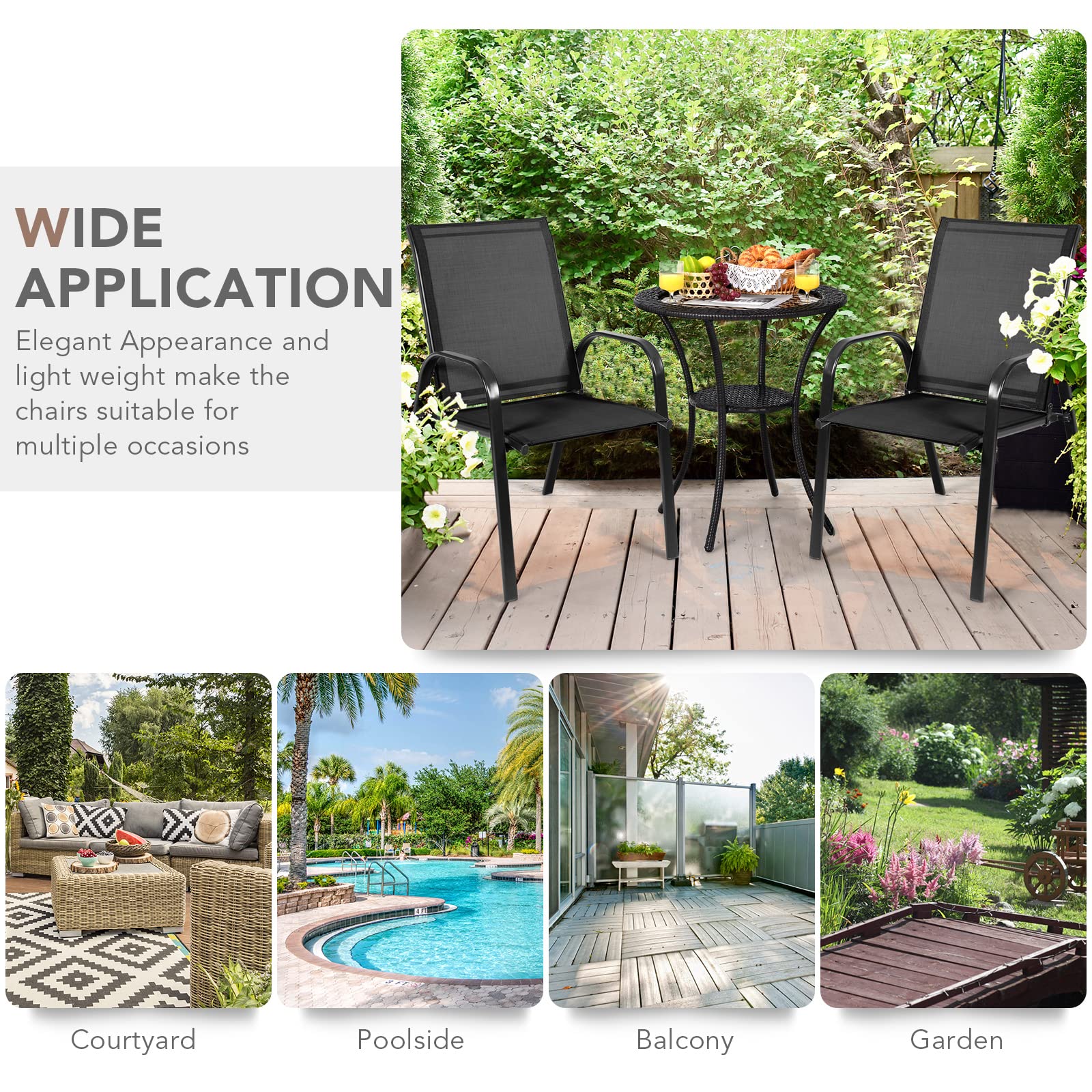 Tangkula 2-Piece Outdoor Dining Chairs Set - Weather-Resistant Patio Bistro Chairs with Curved Armrests, Quick-Dry Fabric & Sturdy Steel Frame - Wide Comfortable Seating for Garden, Poolside, Backyard, Camping & Picnics (Black)