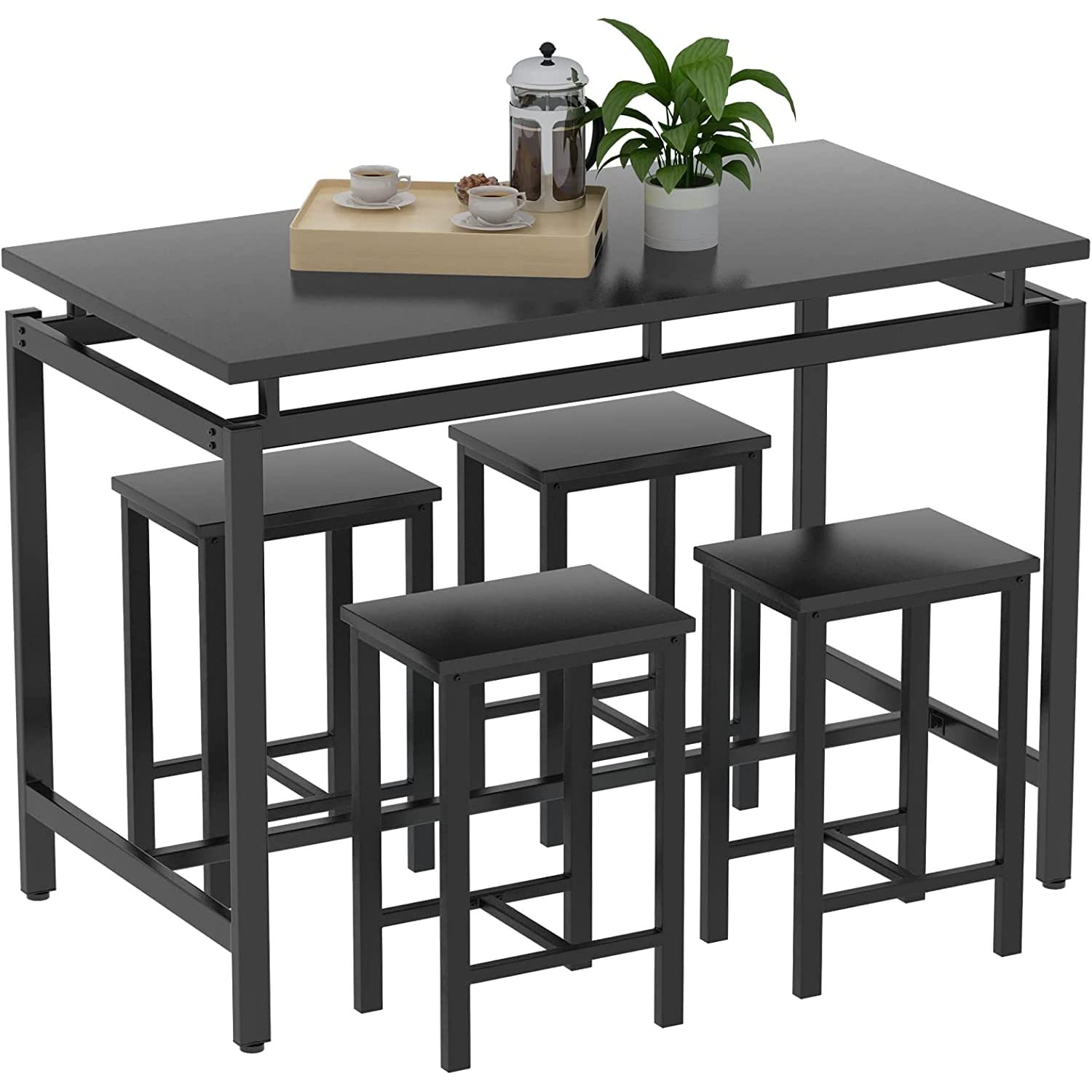MIERES 5-Piece Industrial Bar Stool Set - Counter Height Kitchen Chairs & Dining Table for Small Spaces - Black - Perfect for Breakfast Nooks, Kitchen Islands & Compact Dining Areas