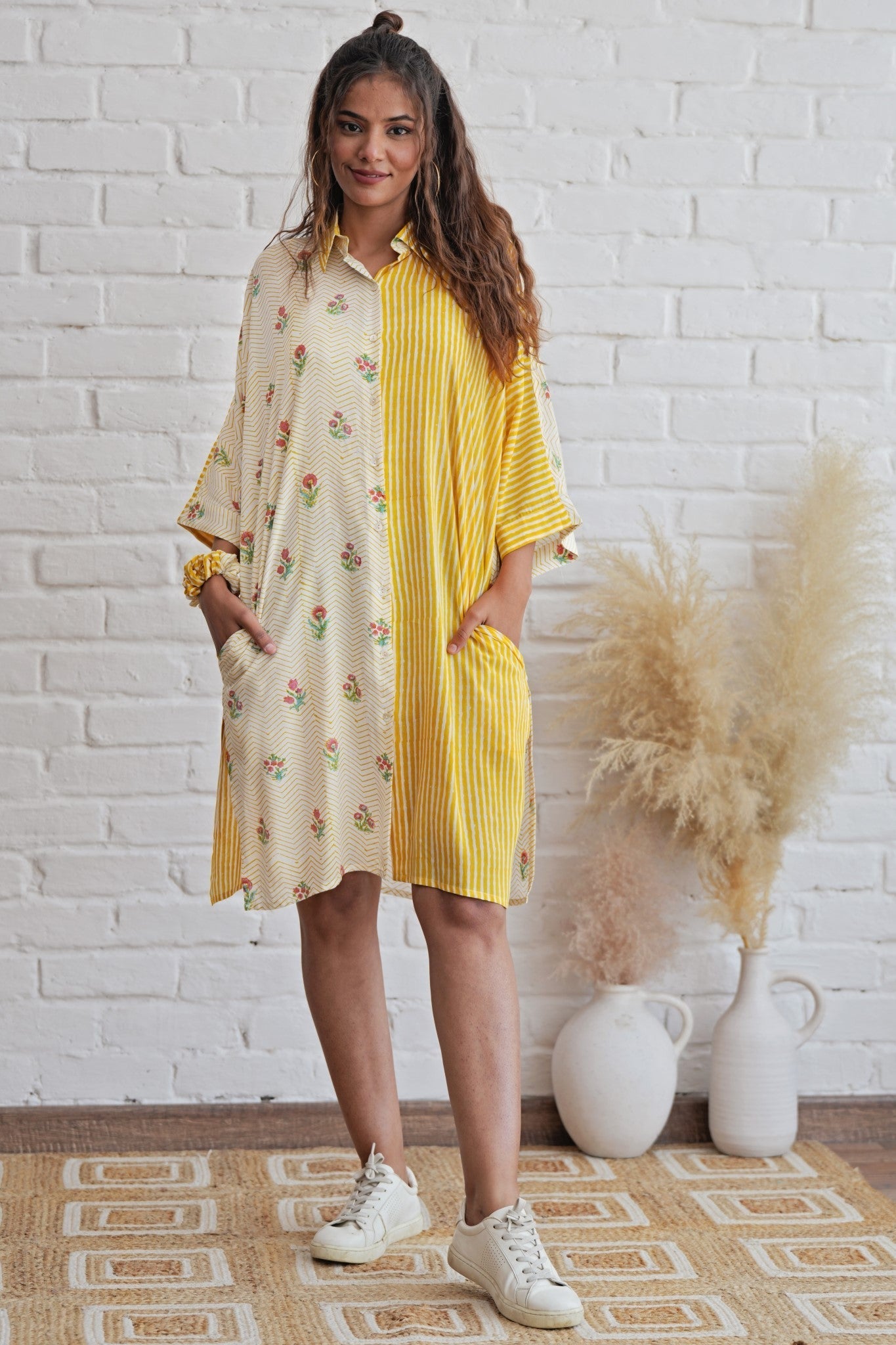 Krissy Yellow Hand Block Printed Oversized Shirt - Women's Boho Loose Fit Top for Casual Wear & Summer Outfits