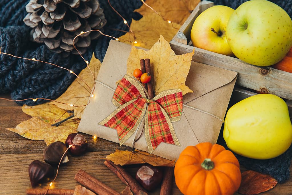 10Pcs Fall Bows for Wreath Decor - Orange Buffalo Plaid Burlap Bows for Thanksgiving Party & Home Decor
