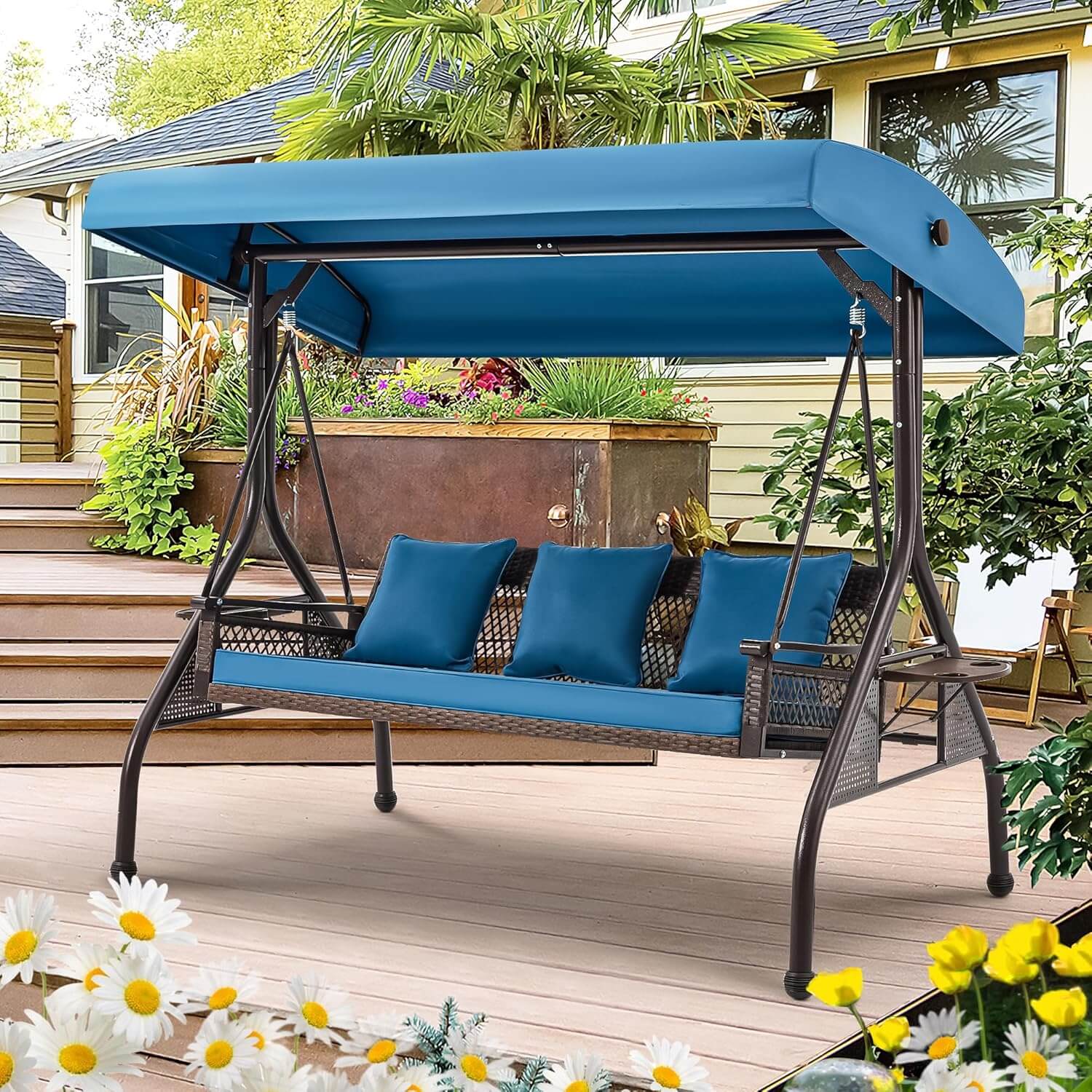 EROMMY 3-Person Outdoor Wicker Porch Swing Bed - Patio Hanging Chair with Weather-Resistant Cushions in Blue | Perfect for Backyard, Garden, Deck & Poolside Relaxation