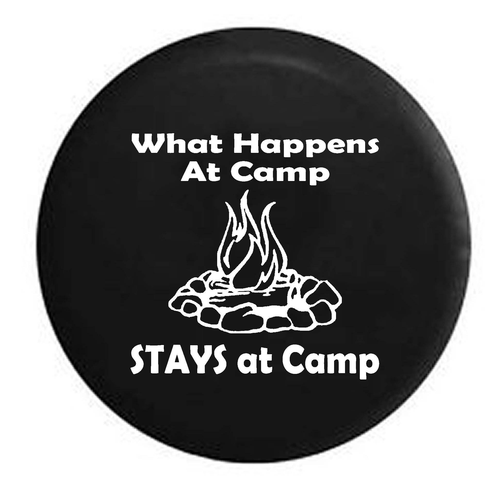 Pike Outdoors 'What Happens at Camp Stays at Camp' Black 33-Inch Spare Tire Cover - Durable RV & Truck Accessory for Camping, Road Trips & Outdoor Adventures