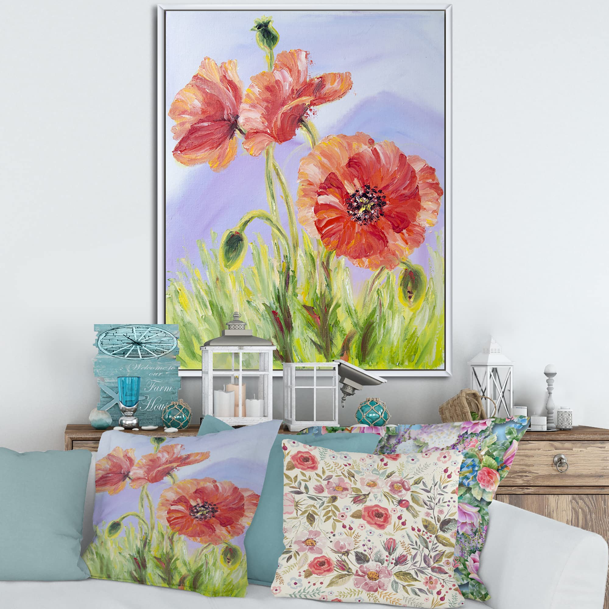 DesignQ Blossoming Poppies In The Morning IV - Traditional Framed Canvas Wall Art Print for Living Room, Bedroom & Office Decor | Floral Painting Home Decoration
