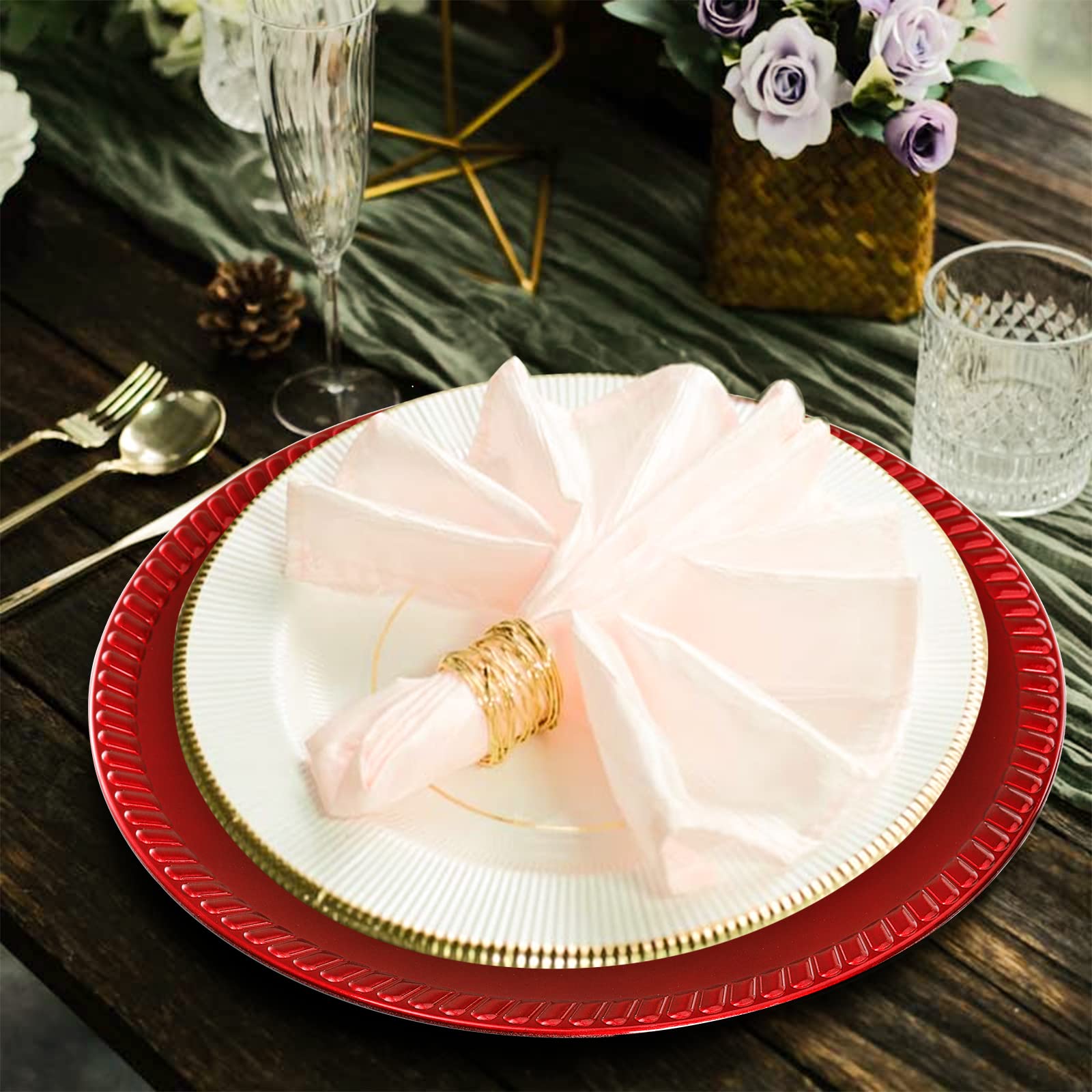 12 Pack Red Plastic Beaded Rim Charger Plates - 13 Inch Round Dinner Plates for Wedding, Party & Holiday Table Decor - Elegant Place Settings for Formal Dining & Special Occasions