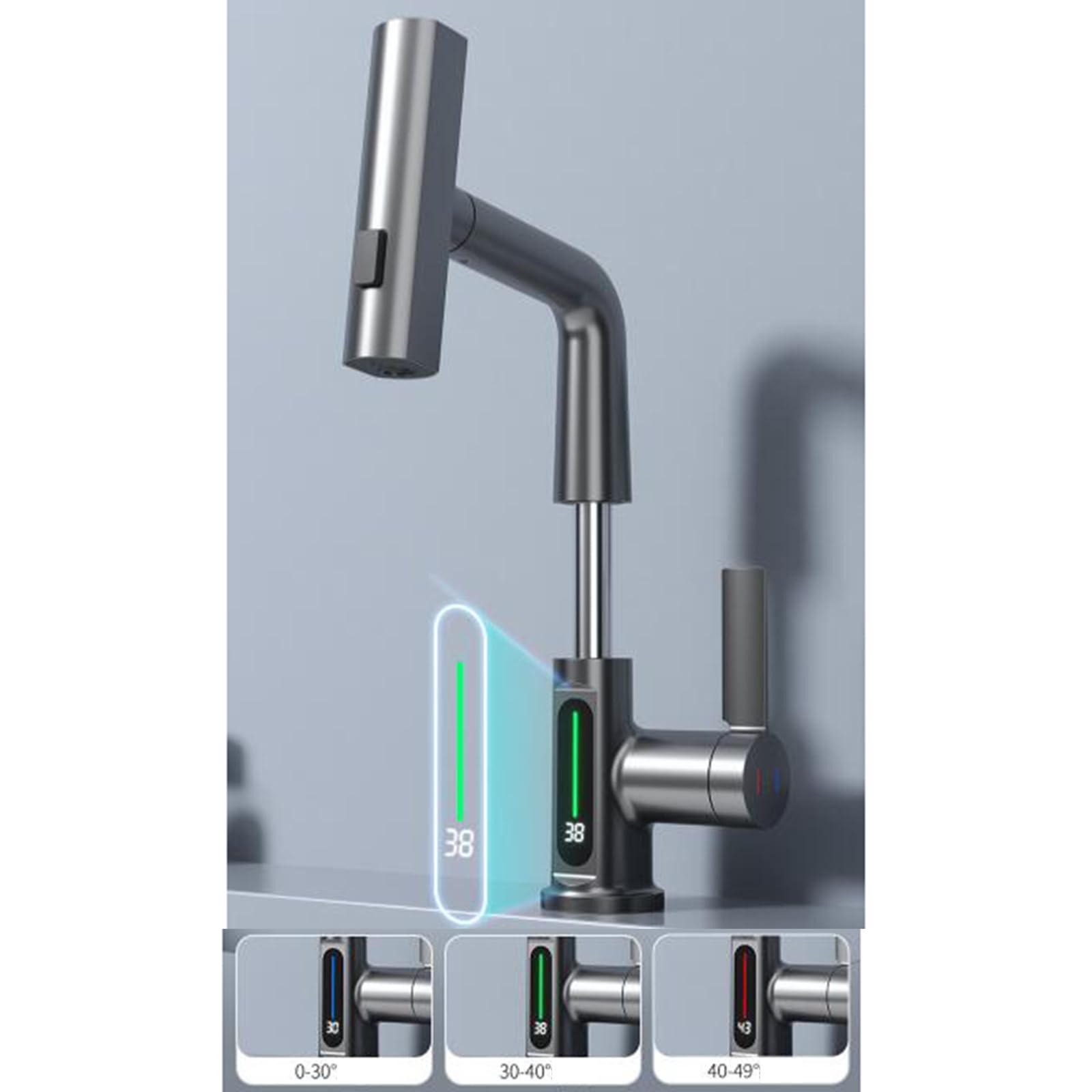 Brass Pull-Out Spray Bathroom Sink Faucet - Grey Mixer Tap with Hot & Cold Water Control - Perfect for Modern Bathrooms & Powder Rooms