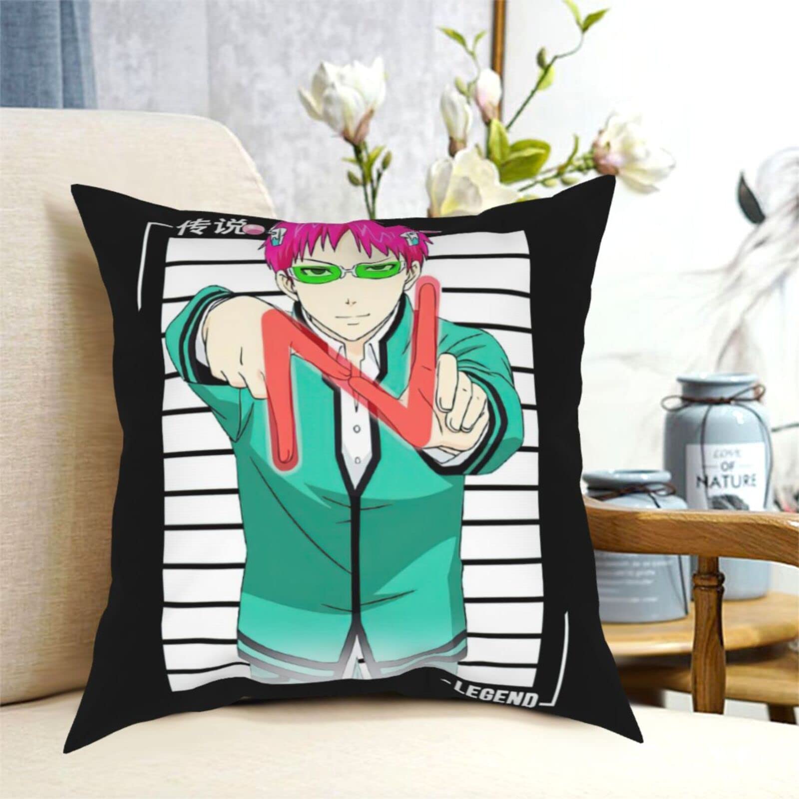 Saiki K Anime Throw Pillow Cover 12x12 Inch - The Disastrous Life of Saiki Kusuo Cushion Case with Hidden Zipper | Square Decorative Pillow Cover for Bed, Sofa & Anime Room Decor
