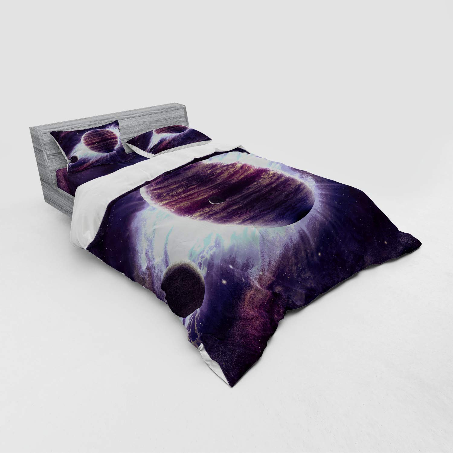 Ambesonne Galaxy Bedding Set Queen Size - 4 Piece Outer Space Duvet Cover with Shams & Fitted Sheet, Solar System Planets Saturn Mars Neptune Sci-Fi Print in Mauve Purple - Perfect for Astronomy Lovers, Kids Room Decor & Unique Gift Idea