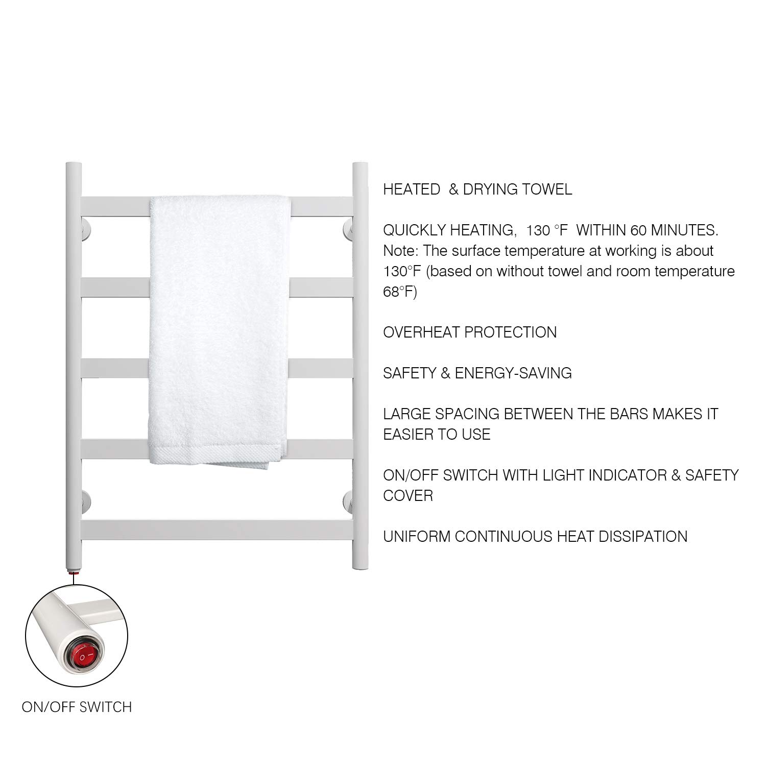 HEATGENE 5-Bar Wall-Mounted Electric Towel Warmer & Dryer - Plug-in Bathroom Heater for Warm Towels - Gloss White Finish | Perfect for Bathrooms, Spas & Luxury Home Use