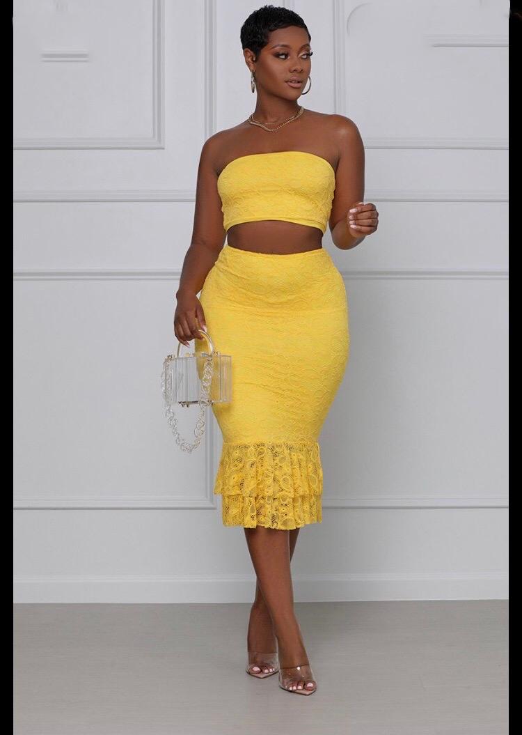 Melody Lace Bandeau 2 Piece Midi Skirt Set - Women's Floral Lace Crop Top & High Waist Skirt Outfit for Summer Beach, Party & Date Night