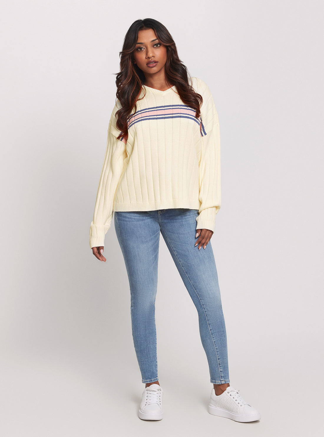 Guess Originals Cream V-Neck Sweater for Women - Soft & Comfortable Knit Pullover - Perfect for Casual Outfits, Office Wear & Fall Layering