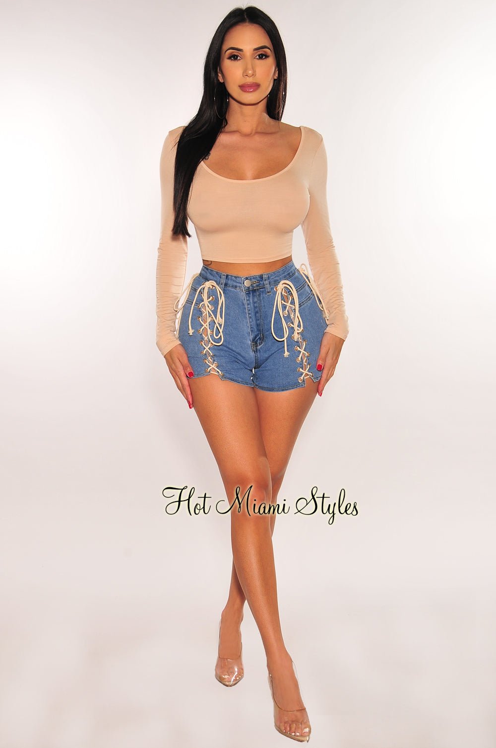Blue Denim High Waist Lace Up Shorts for Women - Trendy Stretch Denim Shorts with Adjustable Lace Detail | Perfect for Summer Outfits, Beach Vacations & Casual Wear
