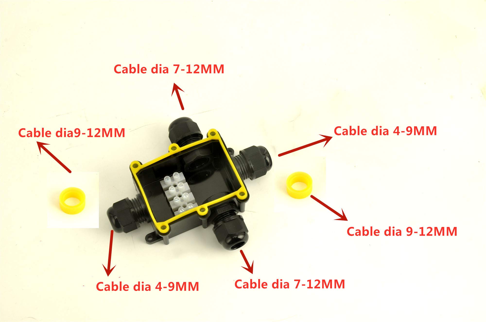 Waterproof Junction Box IP68 - Outdoor Electrical Junction Box with 4 Way M20 Coaxial Cable Connector (4-12mm Wire Range) - Black - Ideal for Outdoor Wiring, Garden Lights, and Marine Applications