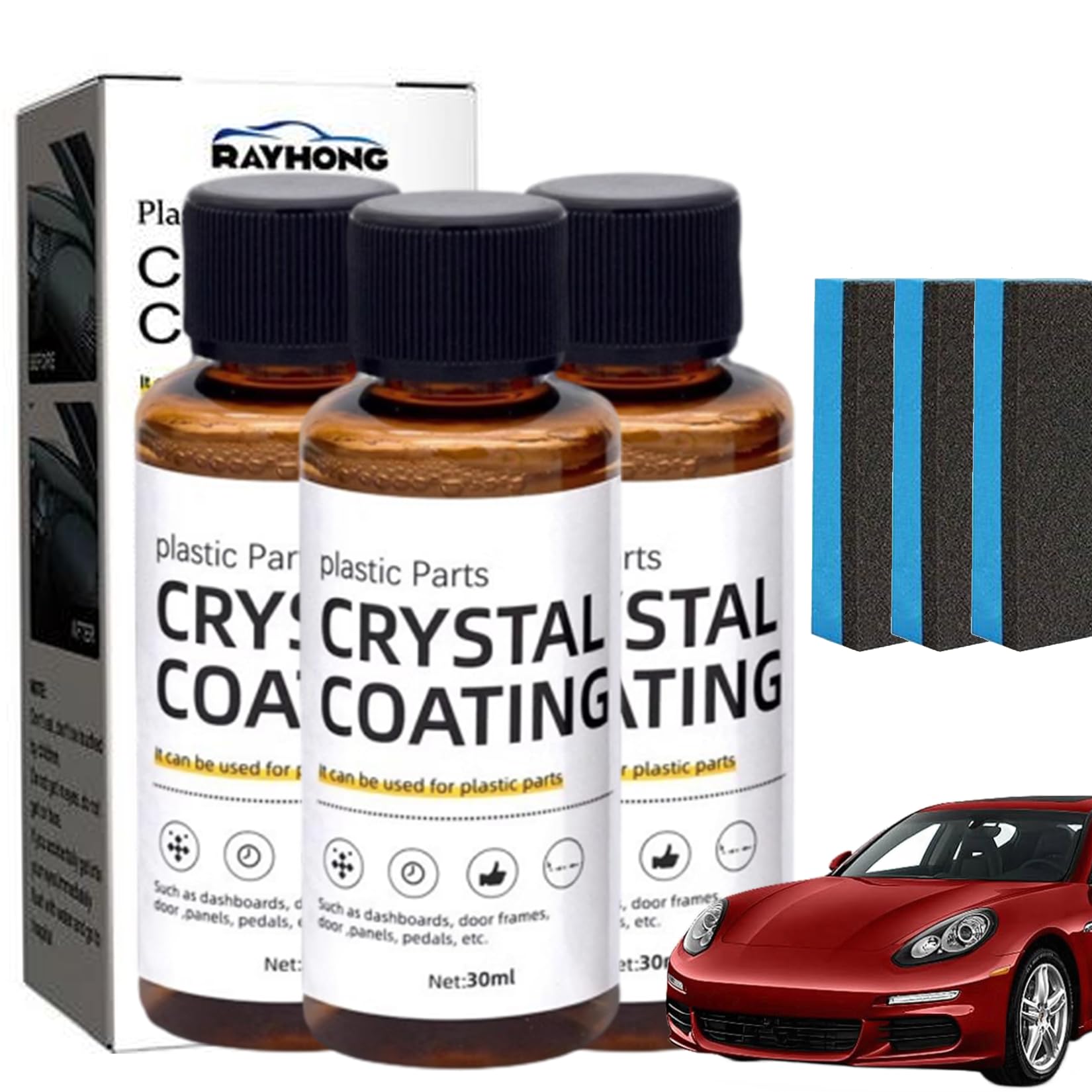 Premium Crystal Coating for Car Plastic Parts - Automotive Plastic Restorer & Protectant - 3-Pack Car Interior/Exterior Plastic Renovation Kit - Restores Shine & Protects Dashboards, Trim & Bumpers
