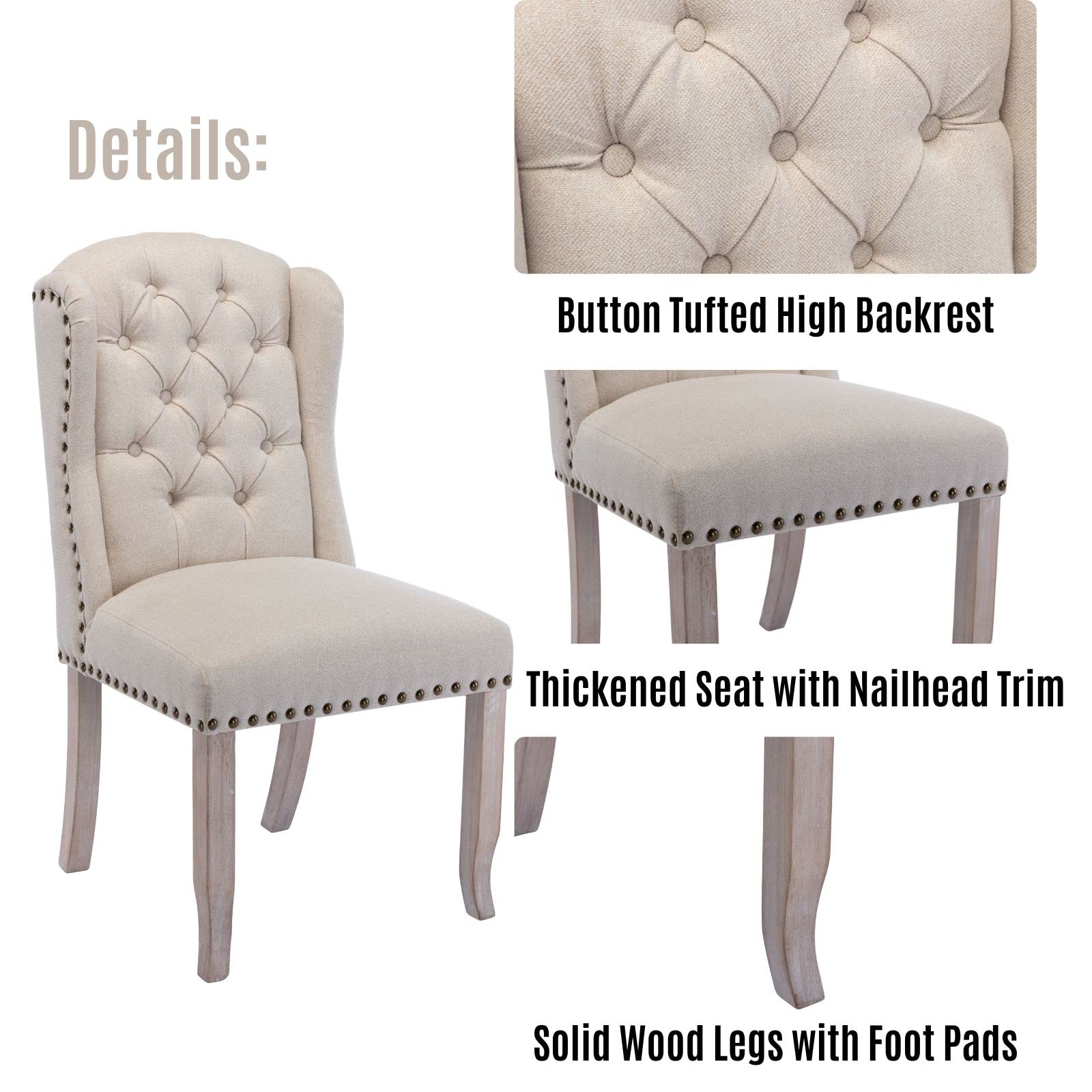 LukeAlon Classic Linen Dining Chairs Set of 2 - Upholstered Button Tufted Side Chairs with Solid Wood Legs & Nailhead Trim - Elegant High Back Kitchen Dining Room Chairs for Home, Restaurant, Cafe - Beige