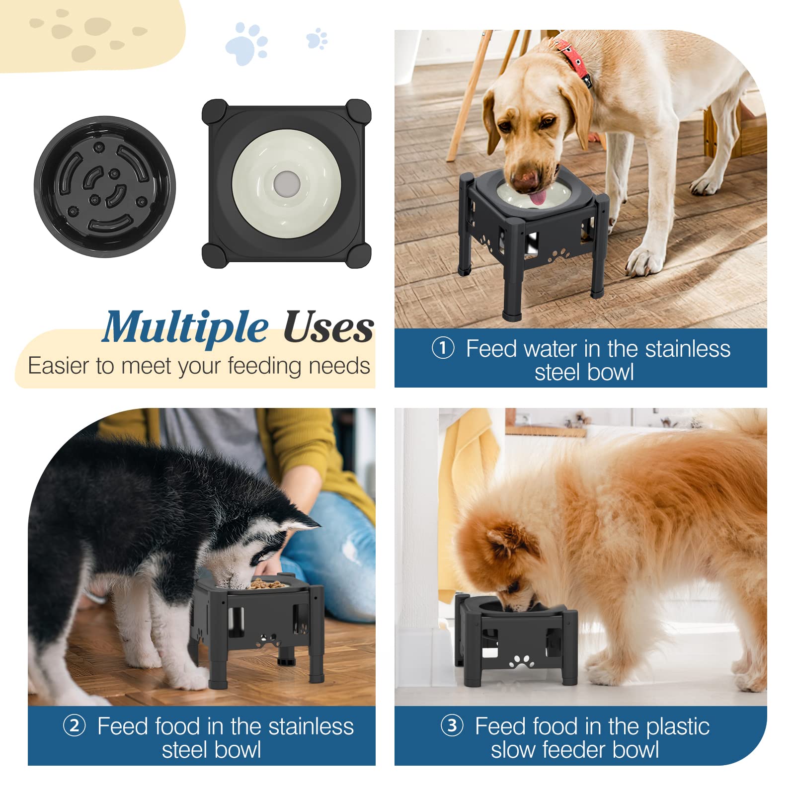 **Lewondr 80OZ Adjustable Elevated Dog Bowl Stand - No Spill Slow Feeder Water Bowl for Small, Medium & Large Dogs - Perfect for Indoor & Outdoor Use**
