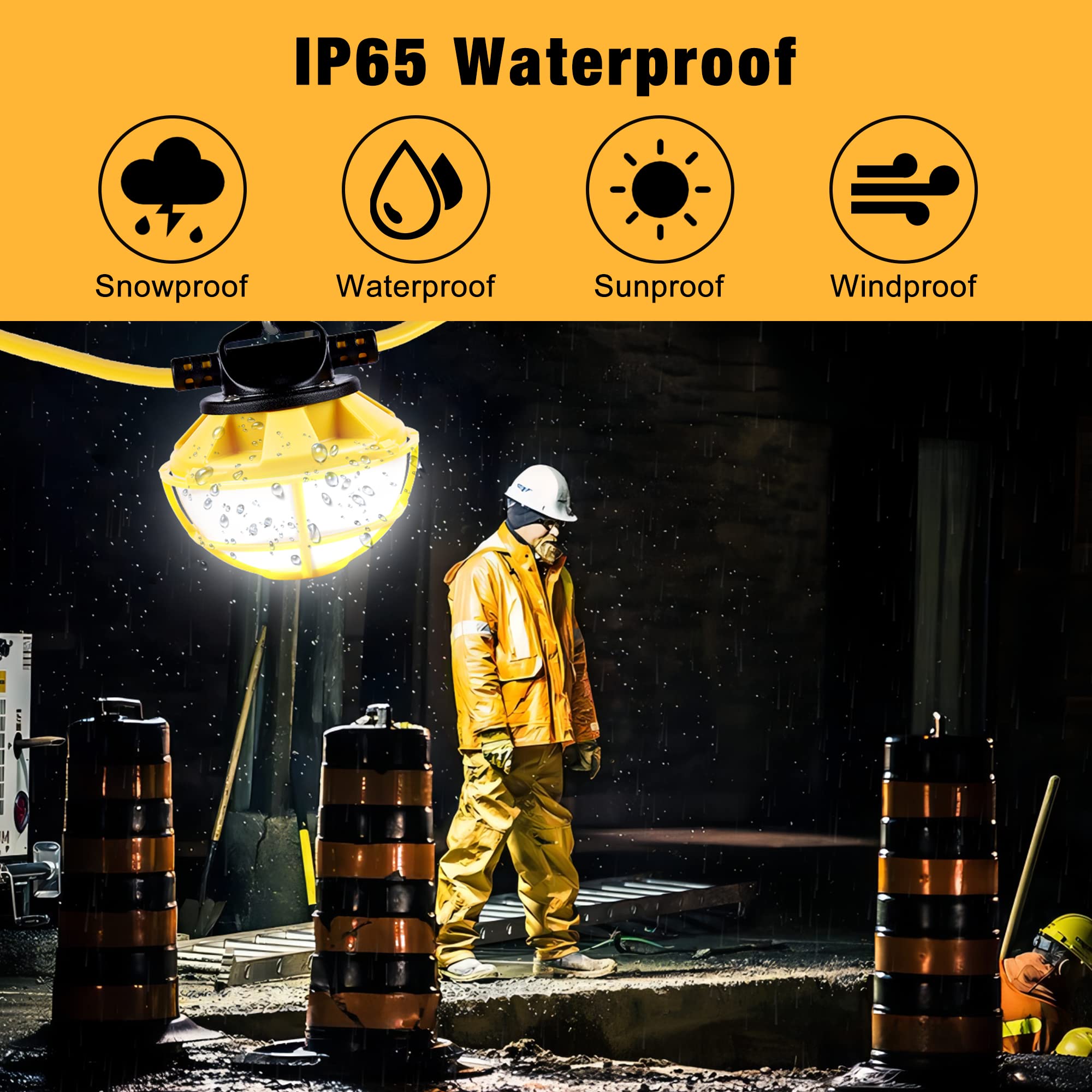 50FT Heavy Duty LED Construction String Lights with Protective Cage - IP65 Waterproof 5000K Daylight Work Lights, 18AWG Wire Linkable Temporary Lighting for Jobsite, Warehouse, Backyard & Outdoor Events (Includes 5 Bulbs & Hooks)