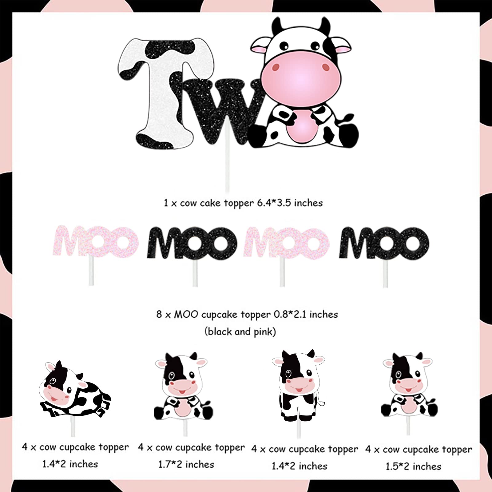 Cow Birthday Cake Topper Set - 2nd Birthday Party Decorations with 1 Cake Topper & 24 Cupcake Picks - Moo Moo Themed Party Supplies for Girls - Perfect for Farm Animal Birthday Parties, Baby Showers & Cow-Themed Celebrations