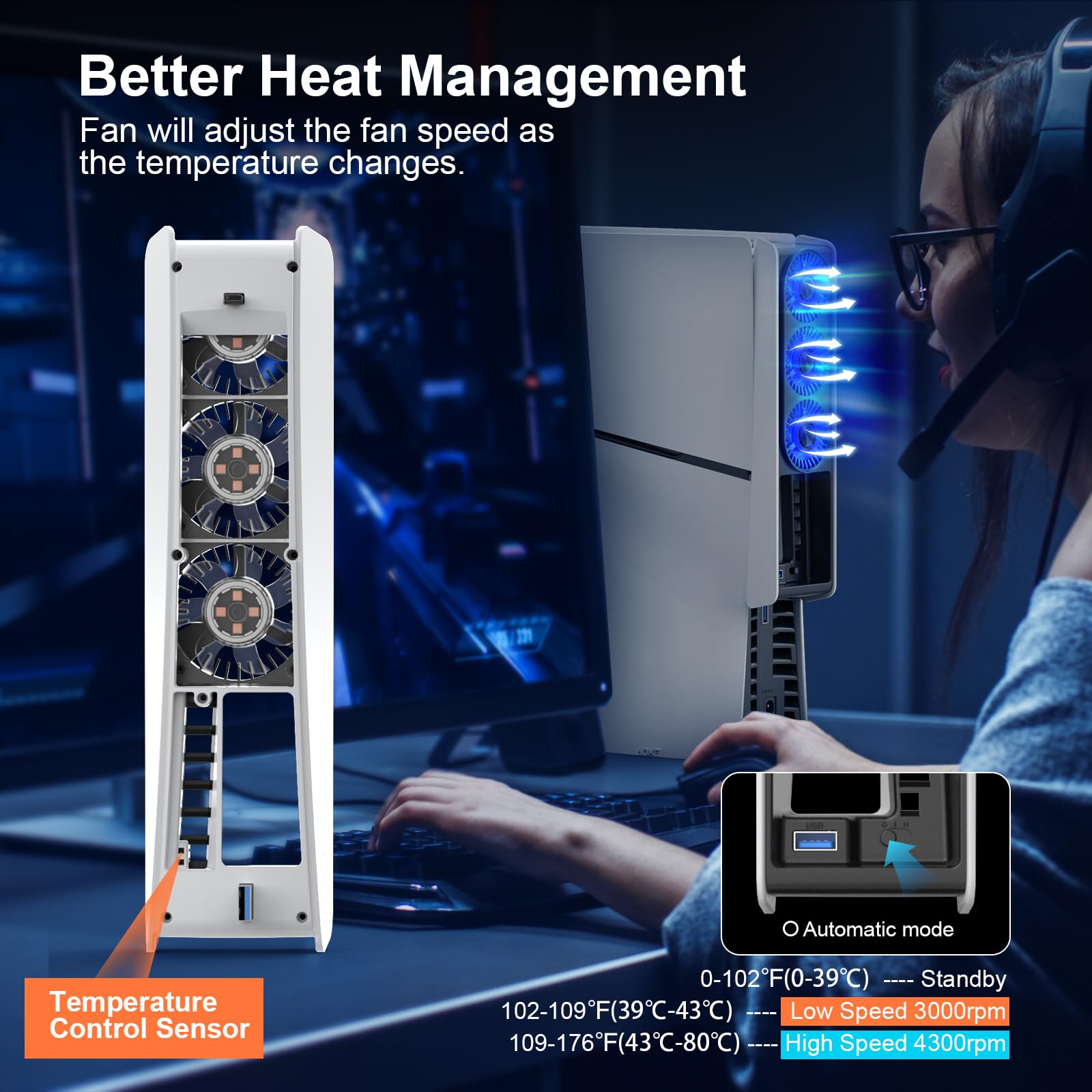 PS5 Slim Cooling Fan with Auto ON/OFF, 2-Speed Quiet Cooling, LED Light & USB Port - Compatible with PS5 Slim Digital & Disc Edition (Not for PS5) - Perfect for Gaming Sessions & Overheating Prevention