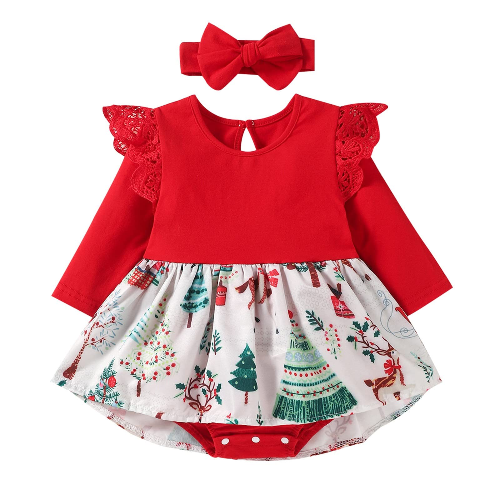Adorable Christmas Baby Girl Outfit - Cute Cartoon Long Ruffled Sleeve Patchwork Princess Dress Romper with Headband | Perfect for Holiday Photos, Family Gatherings & First Christmas Celebrations