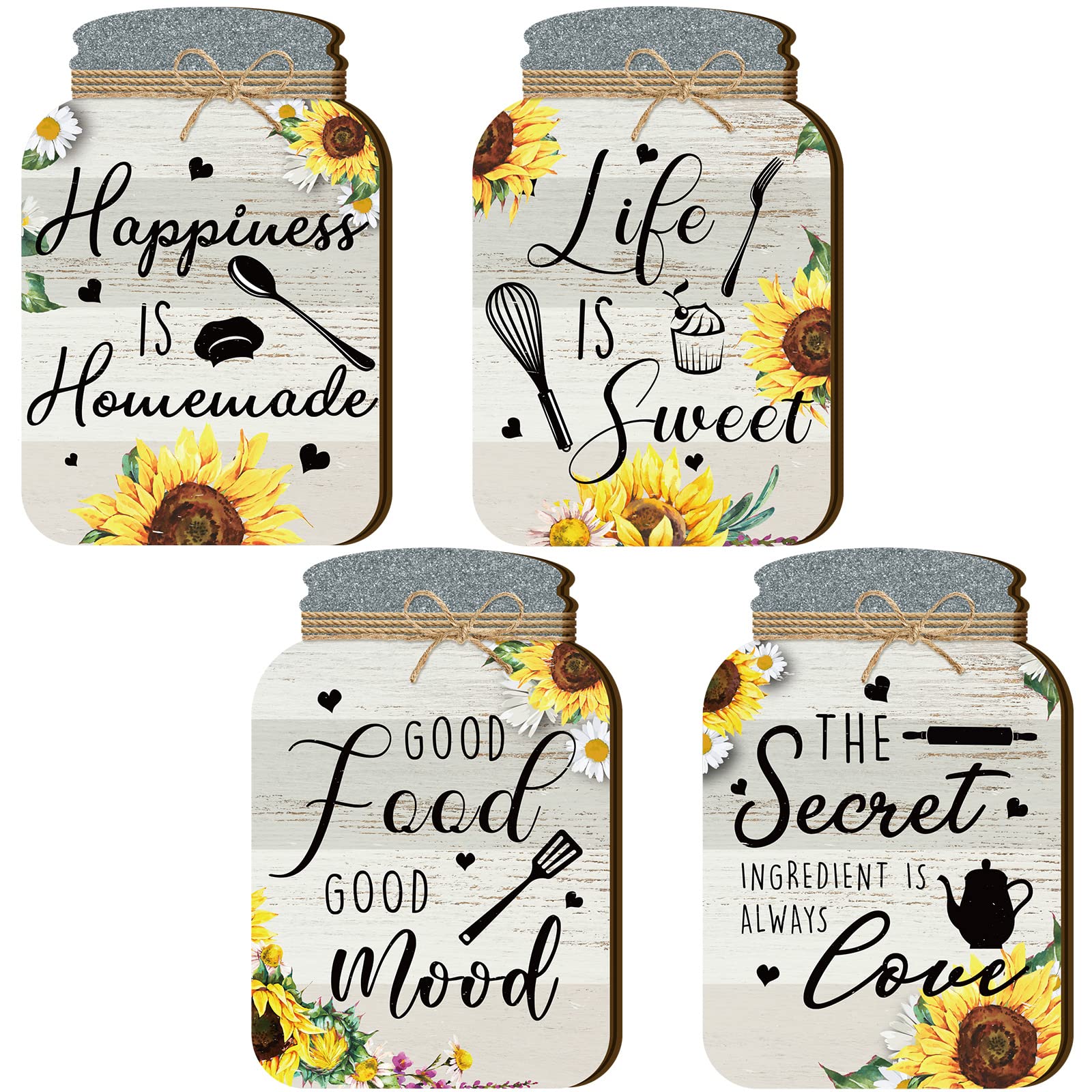 Qunclay 4-Piece Rustic Mason Jar Wall Decor - Farmhouse Kitchen Signs & Hanging Plaques (6x4in, Sunflower) for Home & Dining Room