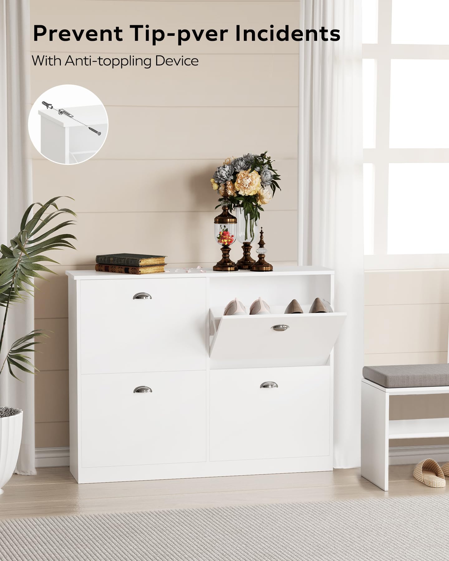 Slim White Shoe Cabinet with 4 Hidden Drawers - Space Saving Narrow Shoe Rack for Entryway, Foyer, Hallway & Bedroom Storage - Perfect for Small Apartments & Closet Organization