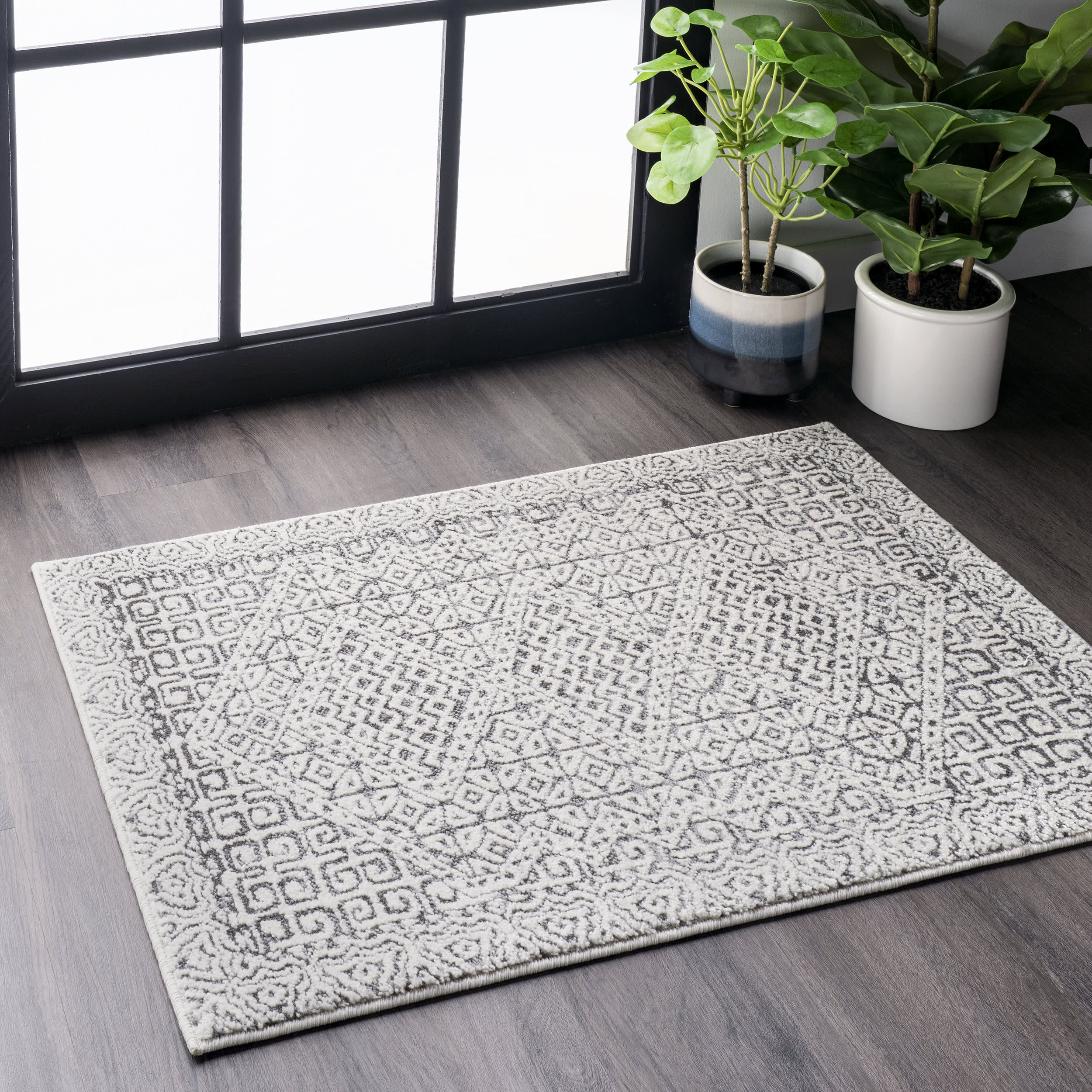 Diamond Mosaic Area Rug - Soft Grey Handmade Carpet for Living Room & Bedroom | Boho Chic Home Decor