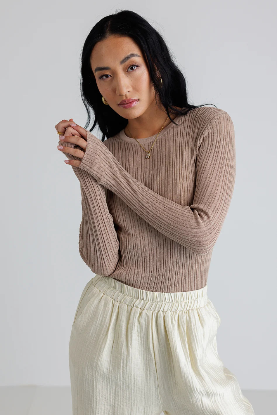 Mauryn Women's Ribbed Knit Top in Khaki - Slim Fit Casual Shirt for Everyday Wear | Perfect for Office, Date Night & Weekend Outings