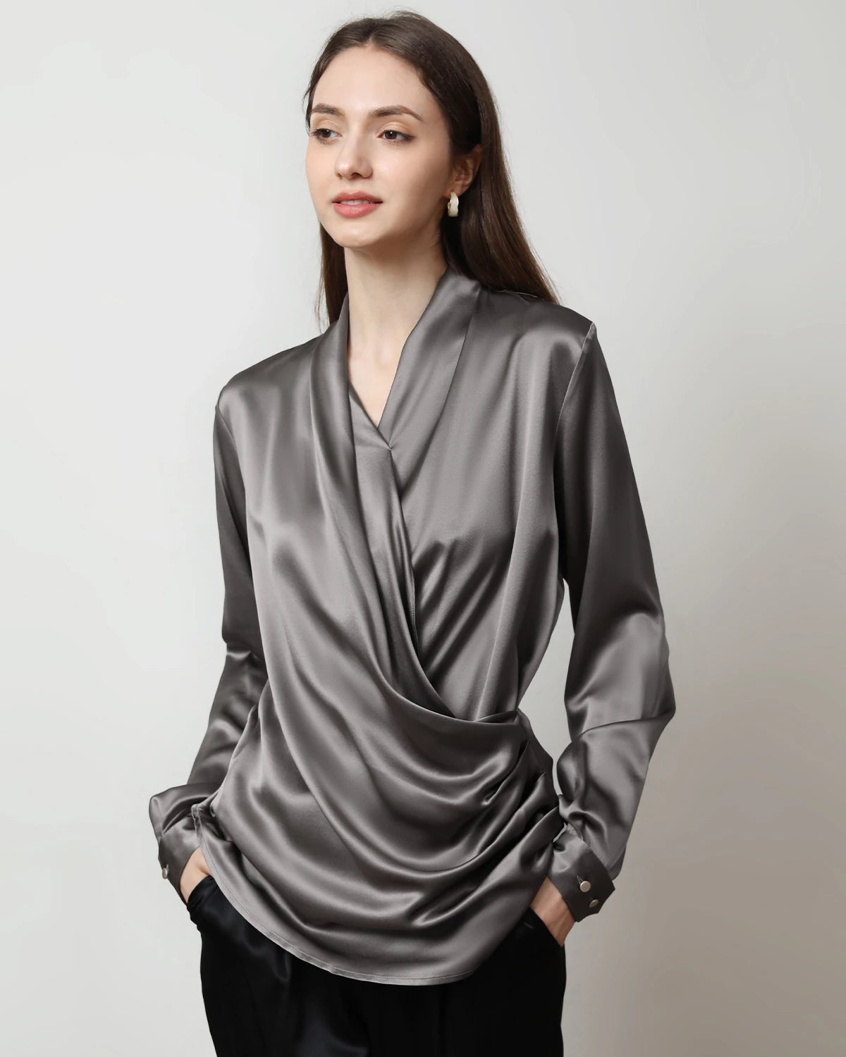 Elegant Long Sleeve V-Neck Wrap Silk Blouse for Women - Perfect for Office Wear, Date Nights & Special Occasions