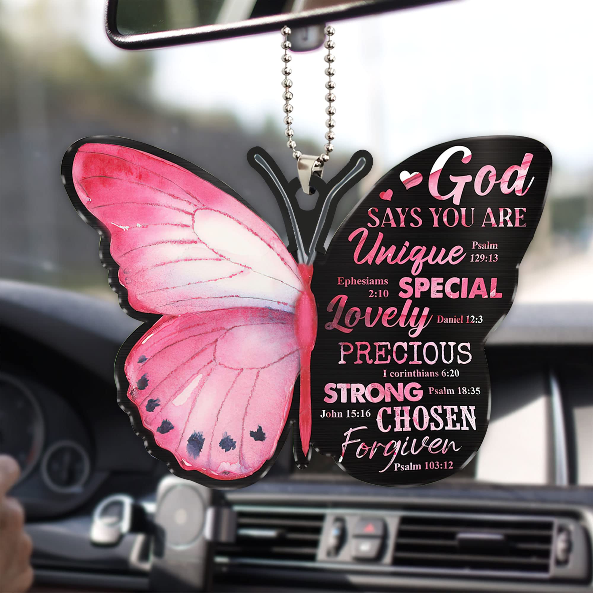 Christian Car Accessories - Jesus God Say You Are Christian Pink Butterfly Bible 2D Flat Rear View Mirror Hanging Charm | Christmas Tree Ornament & Interior Decor | Perfect Gift for Believers & Car Enthusiasts | Use for Daily Inspiration, Car Protection & Holiday Decorations