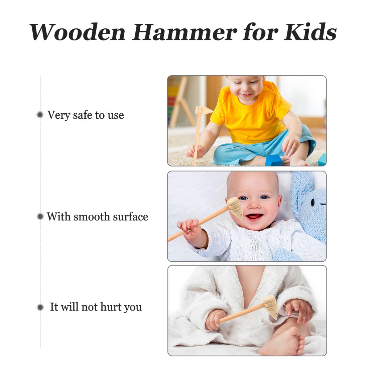 NUOBESTY 10-Piece Small Wooden Hammer Set - Woodworking Mallet, Toddler Dough Massager & Peg Pounding Tool for Kids DIY Projects, Pretend Play & Early Learning Activities