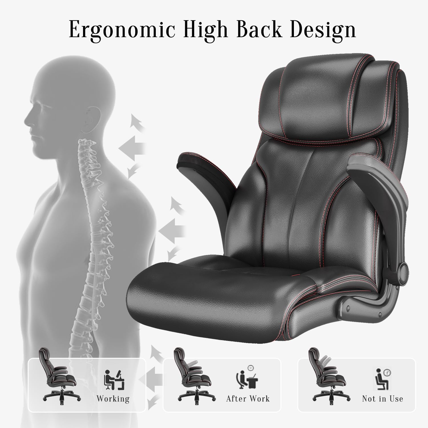 Premium Black Leather Executive Office Chair - High Back Ergonomic Computer Desk Chair with Wheels, Flip-Up Arms & Lumbar Support for Home and Office Use - Perfect for Long Work Hours and Professional Workspaces