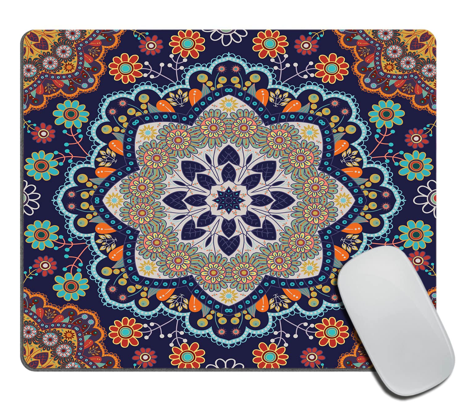 Ethnic Pattern Gaming Mouse Pad - Non-Slip Rubber Base Computer Mouse Mat with Custom Floral Mandala Design (9.5