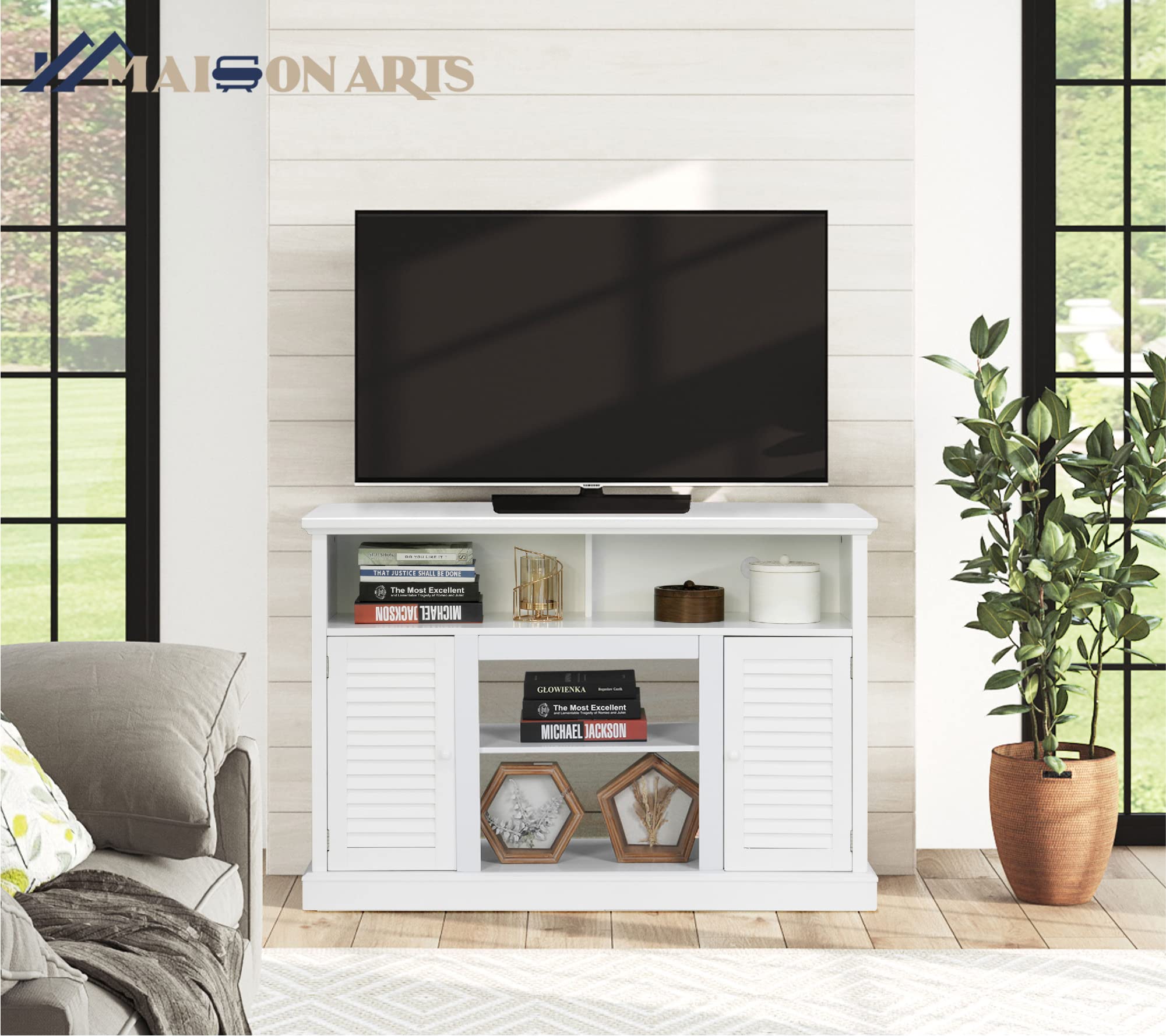 MAISON ARTS Modern TV Stand for 55 Inch TV with Storage, Entertainment Center Media Console Table, Buffet & Sideboard for Living Room, Bedroom, Kitchen - White | Perfect for Home Theater Setup and Living Room Organization