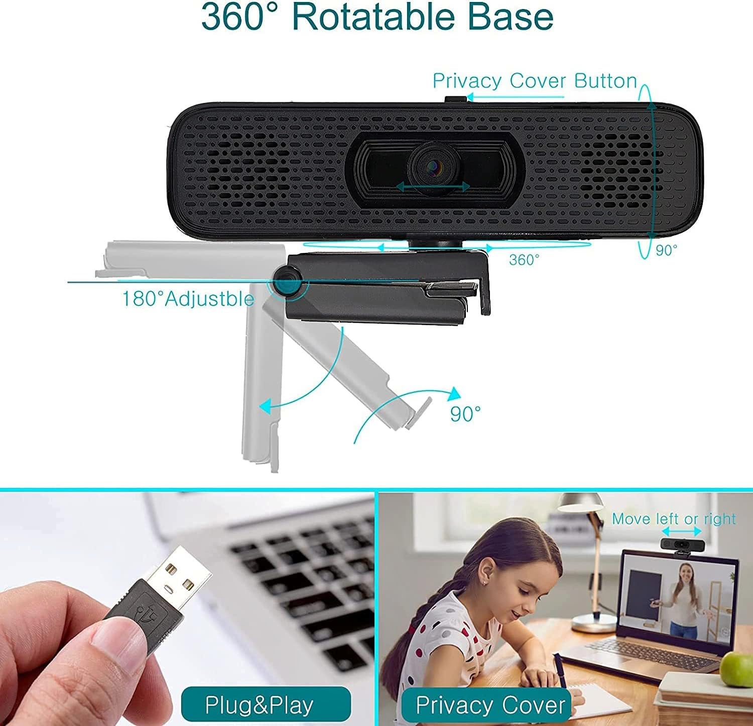 1080P HD Webcam with Dual Speakers & Built-in Mic, 90° Wide Angle USB Camera with Privacy Cover for Video Conferencing, Online Teaching, YouTube Streaming, Skype Calls, and Home Office Setup