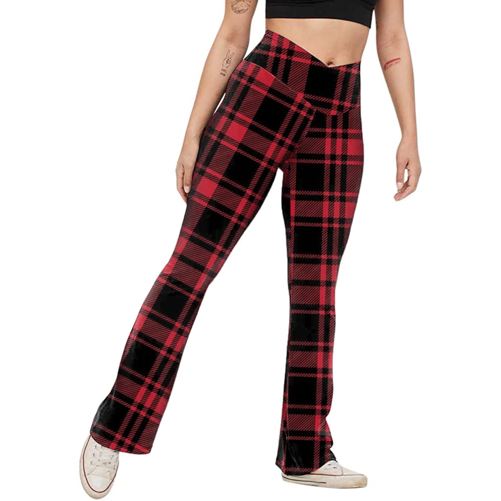 Women's High Waist Plaid Print Yoga Pants - Bootcut Workout Leggings with Tummy Control, No-See Through & Stretchy Fabric for Summer - Perfect for Yoga, Gym, Running and Casual Wear
