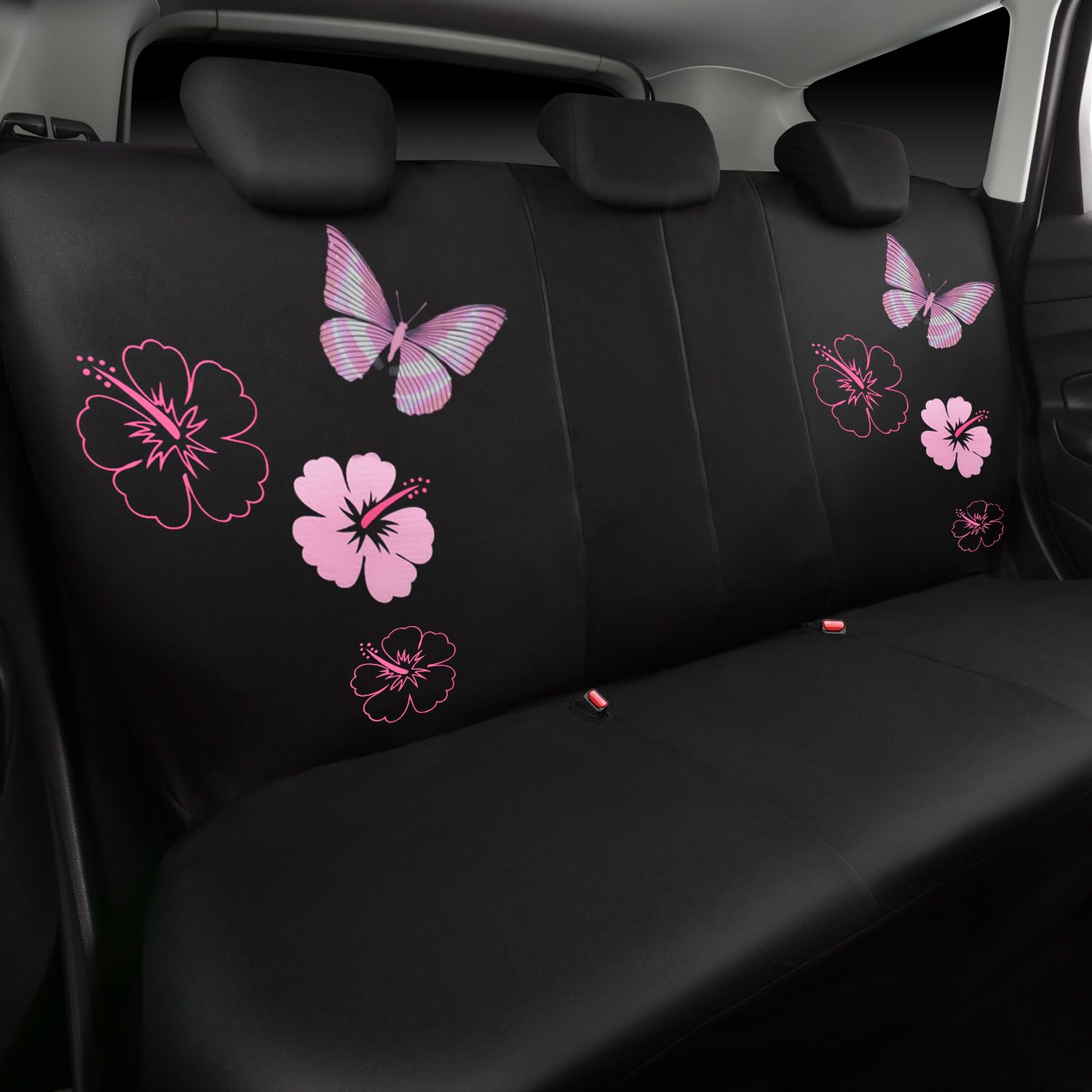 Universal CAR PASS Butterfly Car Seat Covers Set - Waterproof Embroidered Flower Car Mats, Steering Wheel Cover - Black & Pink Interior Accessories for Sedan, SUV, Minivan | Perfect for Road Trips & Daily Commute