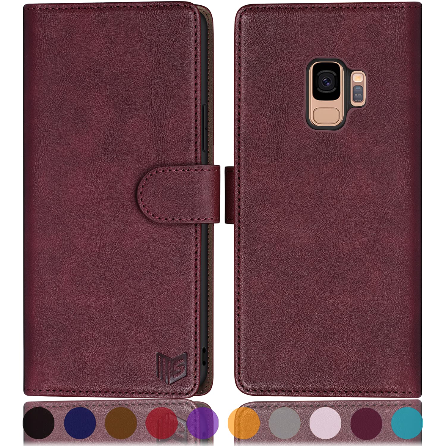 SUANPOT RFID Wallet Case for Samsung Galaxy S9 - Shockproof Leather Cover with Card Holder (Wine Red) for Daily Use