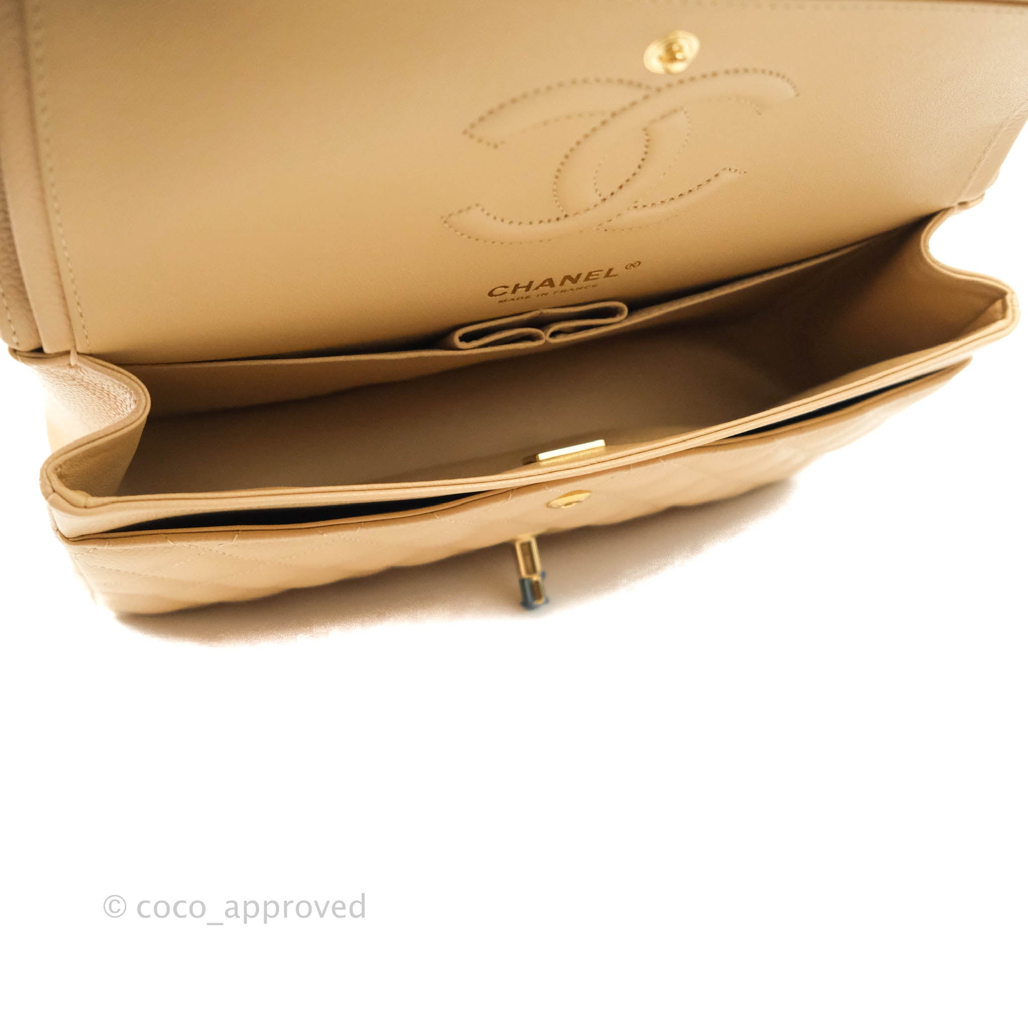 Chanel Classic M/L Medium Flap Bag Quilted Beige Caviar Leather with Gold Hardware - Luxury Handbag for Women, Perfect for Parties, Work & Everyday Use