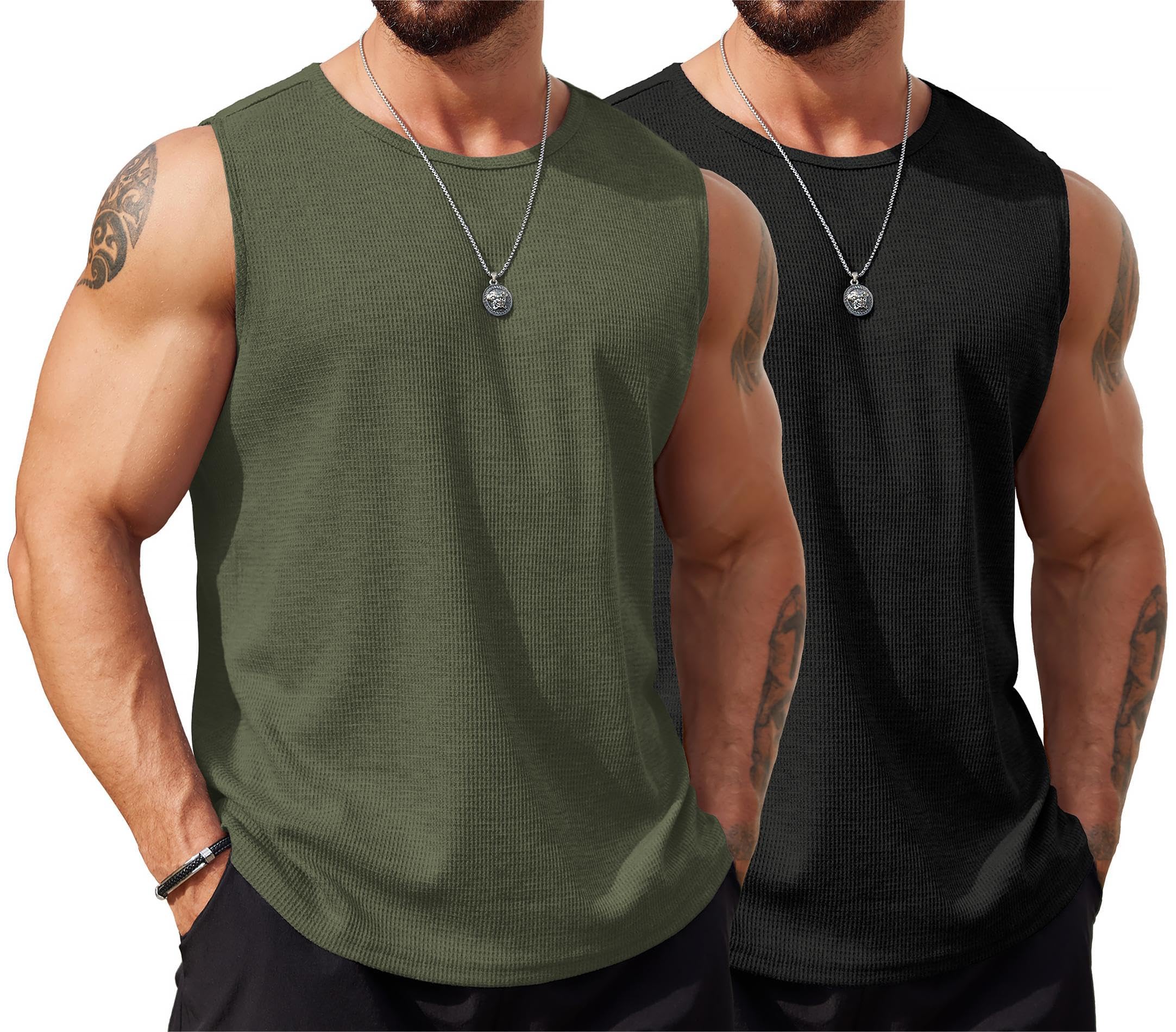 COOFANDY Men's Workout Tank Tops - 2 Pack Sleeveless Gym Shirts for Men, Breathable Waffle Knit Muscle Tees for Running, Weightlifting & Casual Wear