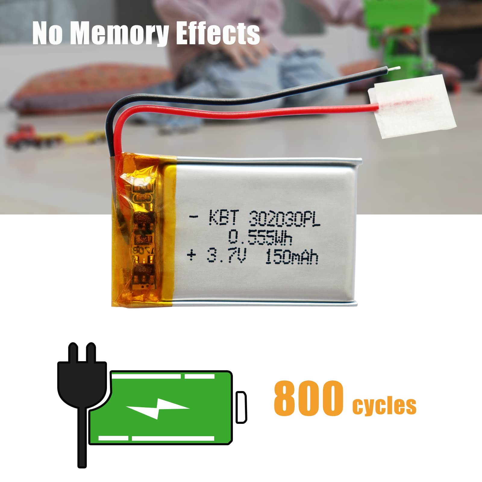 KBT 3.7V 150mAh 302030 Rechargeable Li-Polymer Battery - 2 Pack Replacement for Small Electronics | Perfect for Wireless Earbuds, Mini Drones & Smart Watches