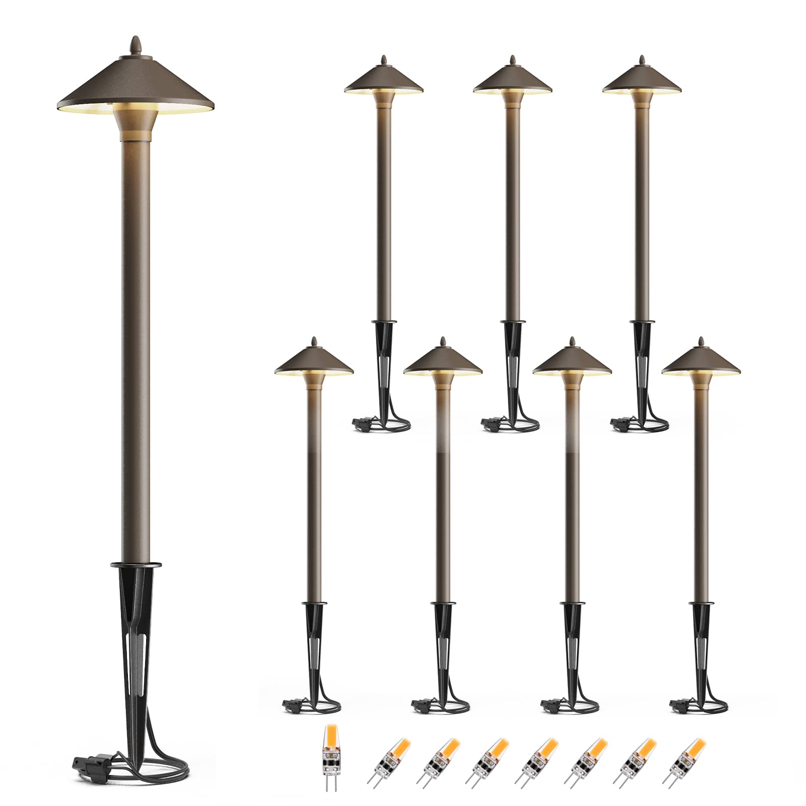 GOODSMANN 8PK Low Voltage Landscape Lighting Kit - 1.2W 40 Lumen 2700K Metal Pathway Lights for Outdoor Walkways (12V AC, Brown) with Cable Connectors - Perfect for Garden Paths, Driveways & Sidewalk Illumination