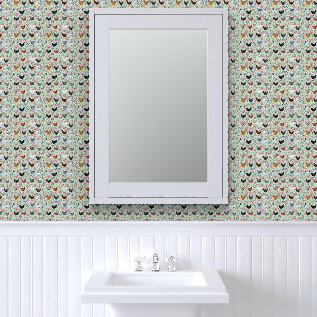 Peel & Stick Removable Wallpaper - 9ft x 2ft Chicken Breeds Floral Design with Hens & Birds in Light Blue | Farmhouse Decor | Perfect for Nursery, Kitchen, Bedroom & Home Office